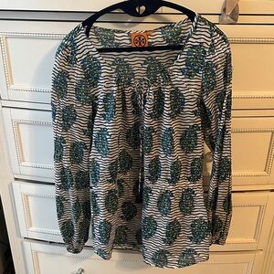 Tory Burch White and Blue Patterned Blouse